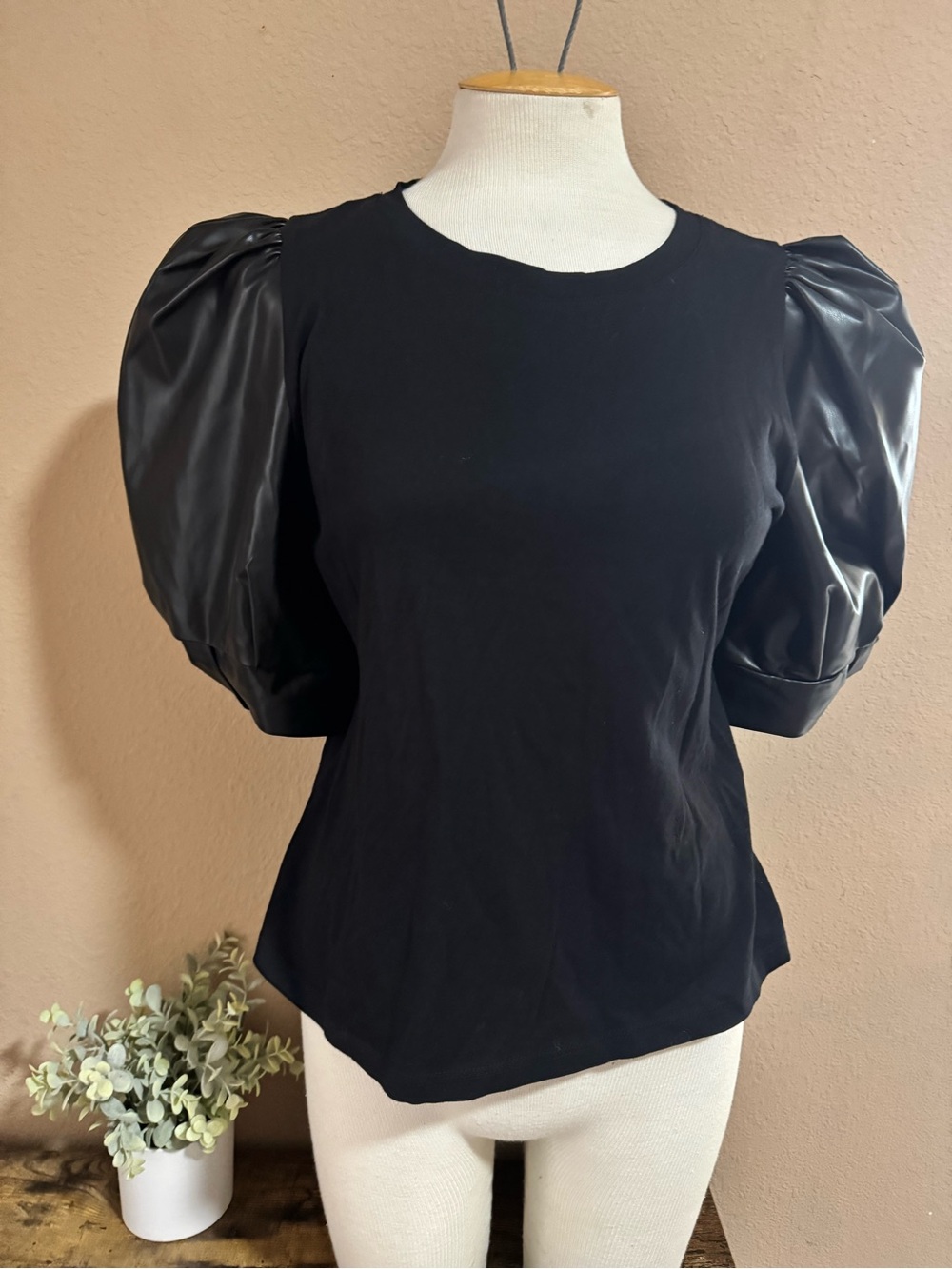 DKNY Black Puff Sleeve Crew Neck Top